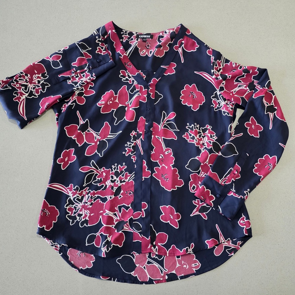 Express Women Floral V-Neck Button Up Blouse Navy Pink Long Sleeve Size Medium